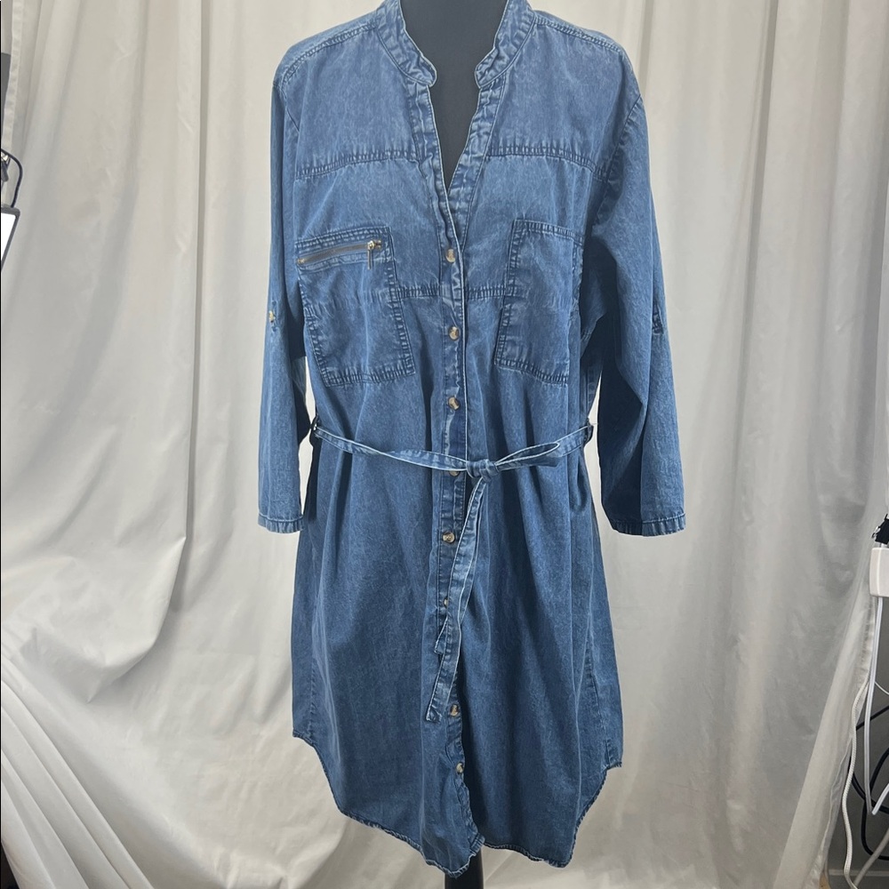 Denim Blue Midi Dress XL Casual Summer Roll Tab Sleeves Belted Coastal Grandma
